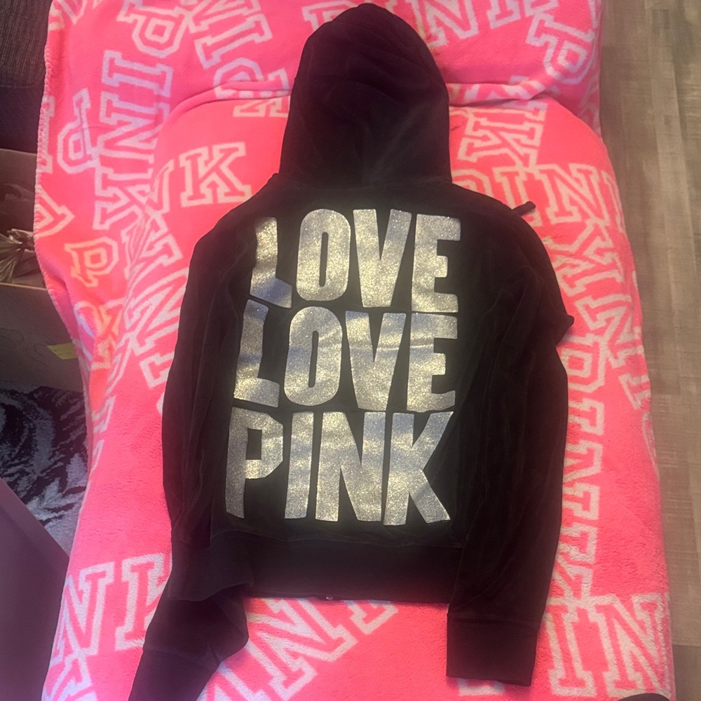 PINK Victoria's Secret Black Hoodie with Silver Lettering